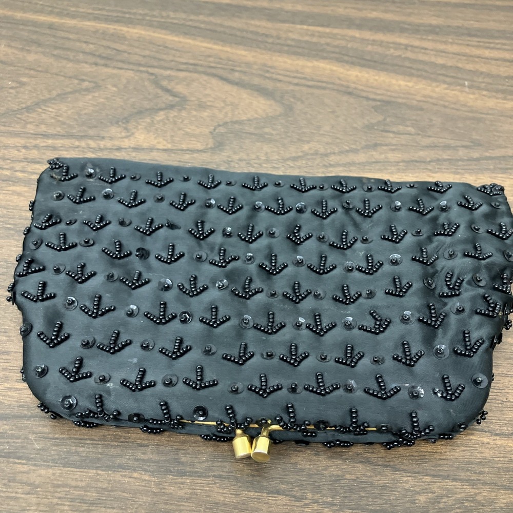 Clutch Purse, Black Satin Beaded - Picture 2 of 7